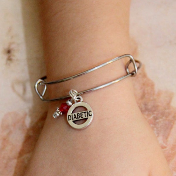 Childs Diabetic Diabetes Medic Alert - Stainless Steel Silver Charm Bangle Bracelet