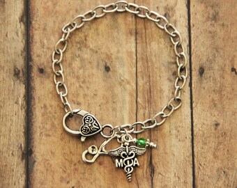 MA Medical Assistant Stethoscope Silver Charm Bracelet