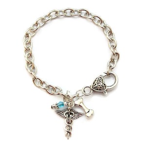 Veterinarian Vet Caduceus Silver Charm Bracelet With Coordinating Glass Bead