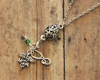 Medical Assistant MA and Stethoscope Silver Charm Necklace