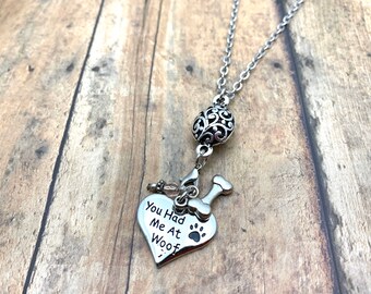 Dog Rescue You Had Me At Woof Stamped Necklace - Stamped Dog Rescue Necklace - Dog Paw Print Rescue Stamped Necklace