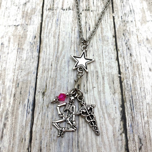 Fun Chiropractor Skeleton Caduceus Silver Charm Necklace