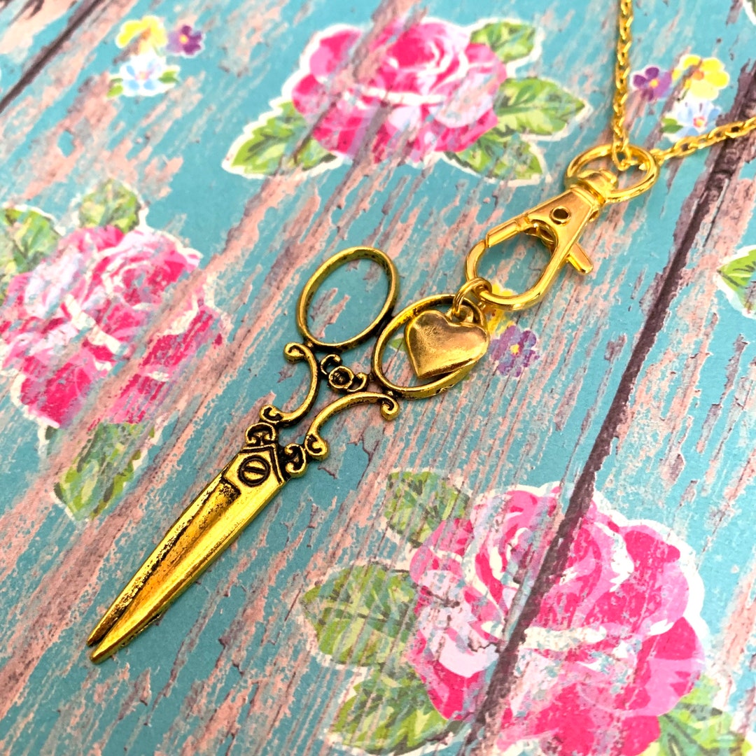 Gold Antique Scissors Hair Stylist Cosmetologist Charm Necklace Vintage