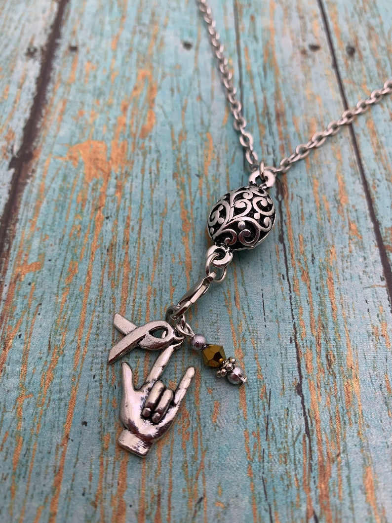 Deaf Awareness ASL Antique Silver Charm Necklace With Three Charms