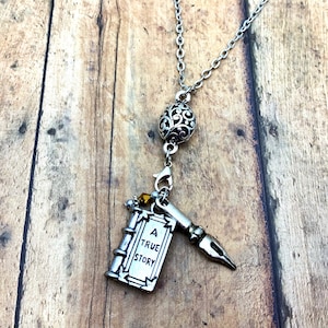 Author Book Pen Charm Necklace, Writer Book Pen Charm Necklace, Book Club Charm Necklace, Librarian Book Pen Charm Necklace