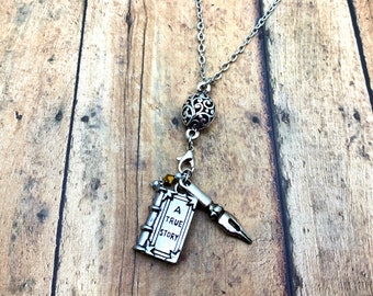 Author Book Pen Charm Necklace, Writer Book Pen Charm Necklace, Book Club Charm Necklace, Librarian Book Pen Charm Necklace