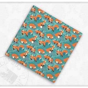 May include: A teal blue fabric with a repeating pattern of orange foxes. The foxes are facing different directions and are in various poses.