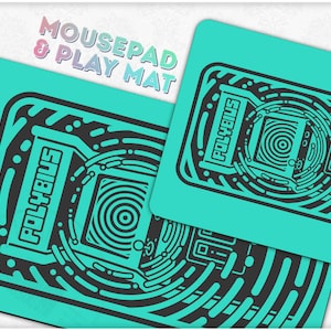 May include: A turquoise blue mousepad and play mat featuring a black and white graphic of a retro arcade game called "Polybius".