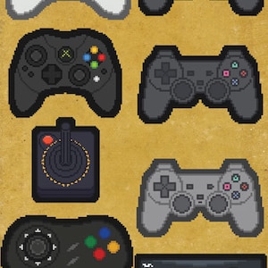 May include: A collection of eight different video game controllers, including a white Xbox controller, a black Xbox controller, a grey PlayStation controller, a black PlayStation controller, a black Atari joystick, a black Sega Genesis controller, a grey Nintendo 64 controller, and a black Nintendo Entertainment System controller.
