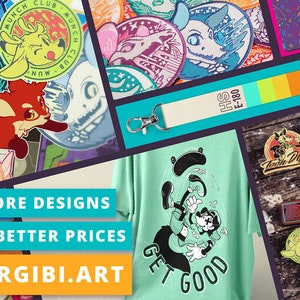 May include: A collage of colorful stickers, patches, pins, and a t-shirt with a cartoon character. The text on the image reads "More Designs & Better Prices" and "www.argibi.art".
