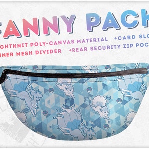 May include: A blue and white fanny pack with a geometric pattern featuring a mythical creature. The pack has a black zipper and the text "FANNY PACK" in pink and blue lettering. The text "+TIGHTKNIT POLY-CANVAS MATERIAL +CARD SLOTS +INNER MESH DIVIDER +REAR SECURITY ZIP POCKET" is also included.