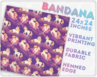 May include: A purple and pink bandana with a repeating pattern of white horses. The bandana is 24x24 inches and features vibrant printing, durable fabric, and a hemmed edge. "Bandana 24x24 inches Vibrant Printing Durable Fabric Hemmed Edge" is printed on the bandana.