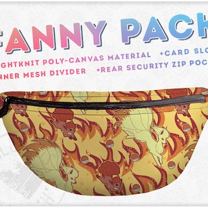 May include: A yellow fanny pack with a repeating pattern of cartoon characters, flames, and pokeballs. The bag has a black zipper and the words "FANNY PACK" in colorful text. Features include card slots, a rear security zip pocket, and an inner mesh divider.