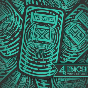 May include: A 4 inch vinyl sticker featuring a retro arcade game called Polybius. The sticker is black with teal blue lines and a stylised image of the game.