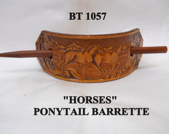 Hand tooled Leather Ponytail Barrette No. BT1057- HORSES
