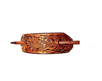 Leather Hair Slide - Leather Hair clip --Oak Leaf Pattern - Choice of 8 Colors -Great  Gift for any Occasion - Handcrafted in USA  BT 1058