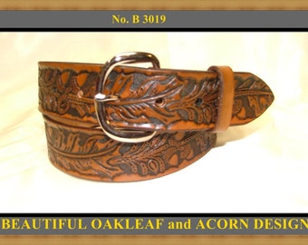 Handcrafted,  Hand Finished, Embossed Leather " Oak leaves " Belt No. B 3019  -  1_1/2 inch Wide. Custom made to your size