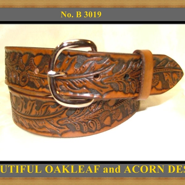 Handcrafted,  Hand Finished, Embossed Leather " Oak leaves " Belt No. B 3019  -  1_1/2 inch Wide. Custom made to your size