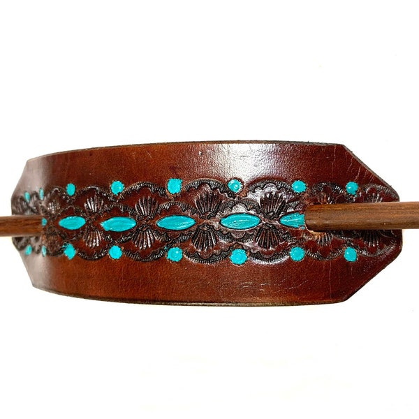 Leather Ponytail Holder with Stick–Unique Clipped Corner Ponytail Holder-Hand Tooled Hair Clip-4 Colors - a GREAT GIFT for any occasion