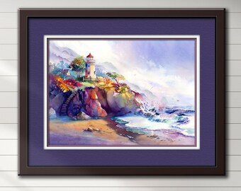 Lighthouse Watercolor Print, Coastal Beach Painting, Limited Edition