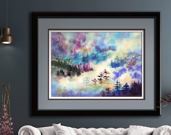 May include: A watercolor painting of a misty forest scene with colorful trees and clouds. The painting is framed in a black frame with a silver mat.