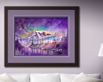 Mt Rainier From Reflection Lake -Watercolor PRINT. Mount Rainy Painting. Pacific Northwest Art Mountain Watercolor. Mount Rainier Wall Decor