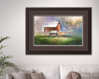 Country Elegance - ORIGINAL Red Barn Watercolor Painting. Red Barn Art. Farm Artwork. Old Barn Painting. Old Barn and Silo Wall Decor.