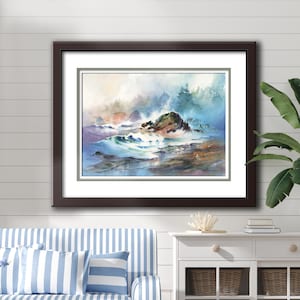 Oregon Surf- Beach Watercolor Art PRINT. Coastal Painting. Seagulls. Ocean. Watercolor Trees.