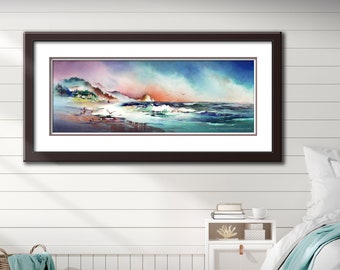 A Lazy Day at Cannon Beach- Watercolor Art Print. Beach Painting. Oregon Coast. Haystack Rock. Orange. Blue. Blue Green. Sandy Beach. Ocean.