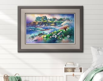 North Point Depoe Bay, Oregon Coast Watercolor Painting PRINT. Pacific Northwest Seascape. Ocean. Seagulls.