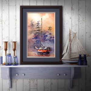 May include: A framed watercolor painting of a sailboat in a misty harbor. The sailboat is red and white with a brown mast. The background is a soft blue and purple with a hint of orange.
