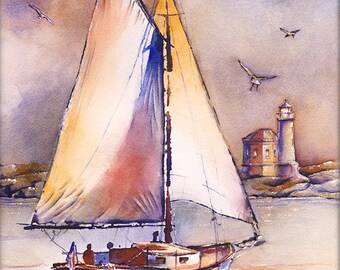 Sailing Wall Decor, Bandon, Oregon Lighthouse Watercolor PRINT, Sailboat Gifts