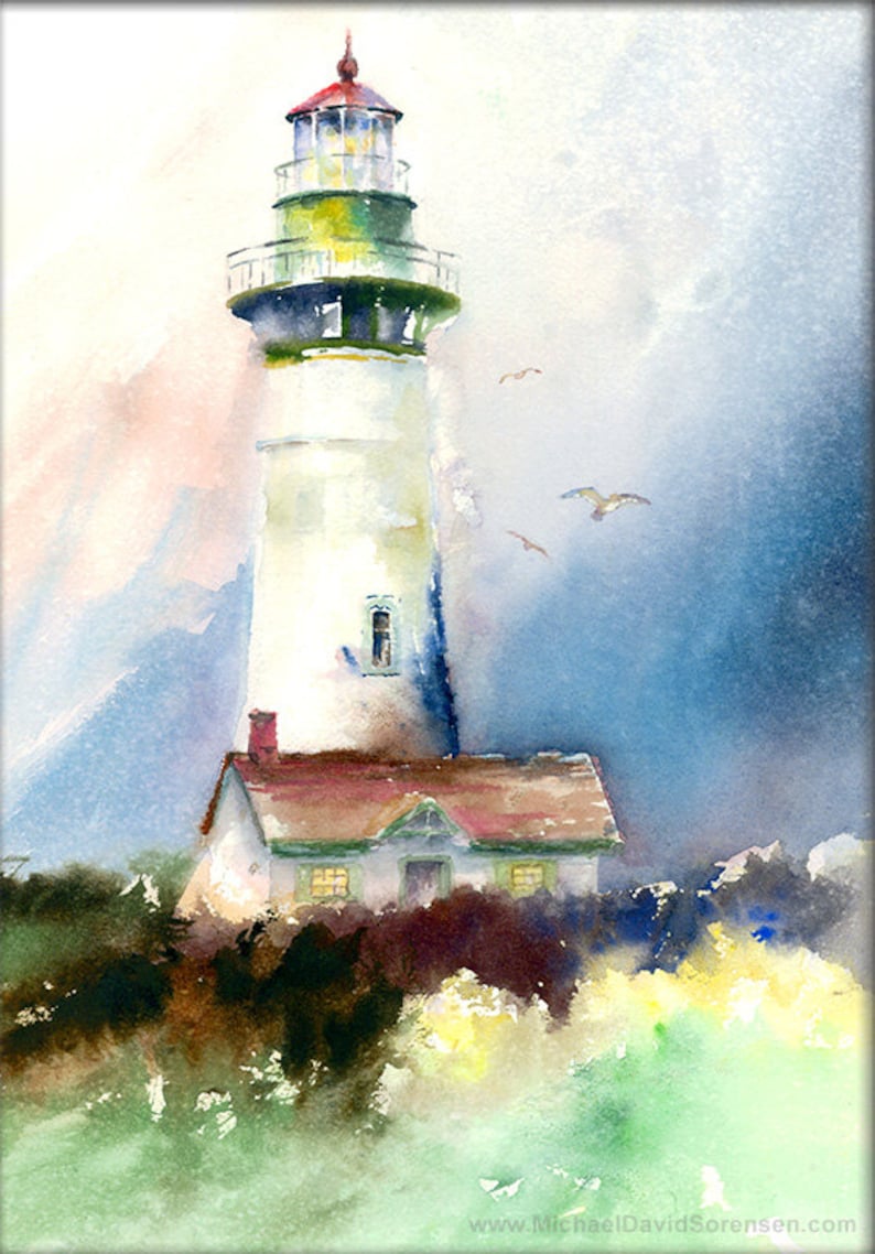 Pacific Northwest Art Oregon Coast Painting Oregon Lighthouse Newport Lighthouse Watercolor PRINT Yaquina Head Light Lighthouse Decor.