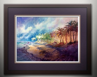 Tropical Beach PRINT, Ocean Watercolor Painting, Beach House Art