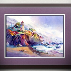 May include: A watercolor painting of a lighthouse on a cliff overlooking a rocky beach with crashing waves. The sky is a soft blue with white clouds. The lighthouse is white with a red roof and a small window. There are trees and bushes on the cliff.