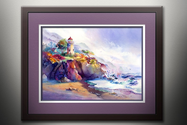 May include: A watercolor painting of a lighthouse on a cliff overlooking a rocky beach with crashing waves. The sky is a soft blue with white clouds. The lighthouse is white with a red roof and a small window. There are trees and bushes on the cliff.