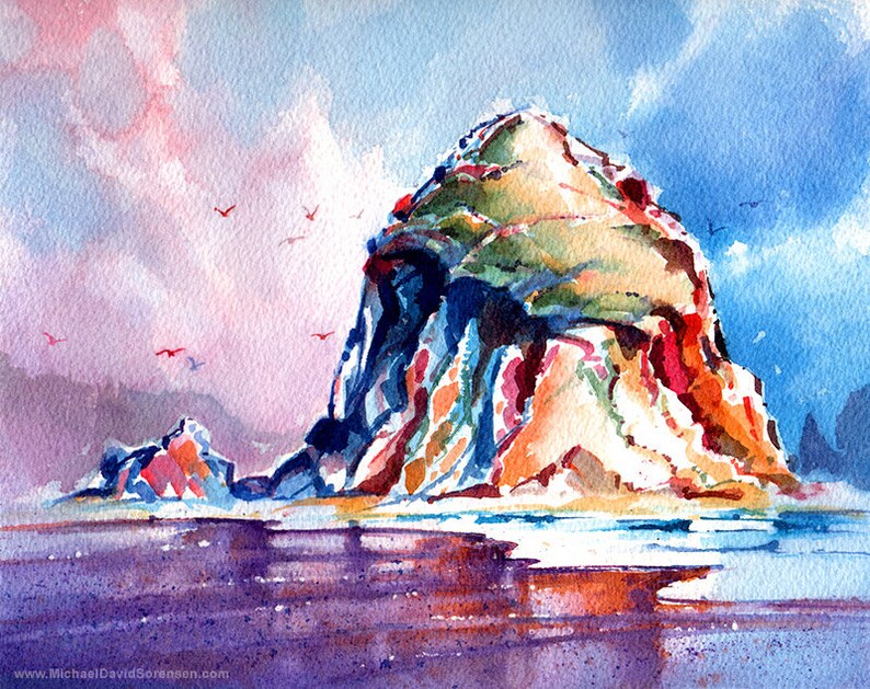 May include: Watercolor painting of a rocky island with a blue sky and pink clouds. The island is surrounded by water and there are birds flying in the sky.