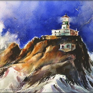 Crashing Waves at Tillamook Head Light Watercolor Painting Print. Oregon Coast Lighthouse Art. Pacific Northwest Watercolor Artwork. Blue.