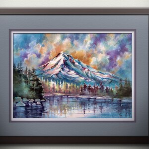 May include: A watercolor painting of a snow-capped mountain reflected in a lake. The sky is a vibrant mix of blue, purple, and orange clouds. The mountain is surrounded by a forest of evergreens.
