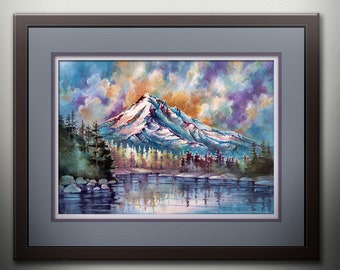 Mount Hood From Lost Lake -UNFRAMED Watercolor PRINT by Michael David Sorensen. Pacific Northwest Watercolor Art. Mountain Wall Art, Mt Hood