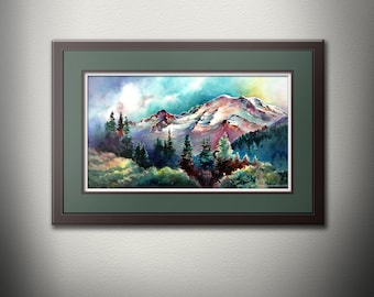 Mt. Rainier Through the Trees- Watercolor PRINT. Mount Rainier Painting. Mountain. Washington State. Pacific Northwest Art. Northwest.