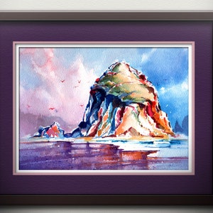 May include: Watercolor painting of a rocky island with a purple, blue, and pink sky. The island is surrounded by water and there are birds flying in the sky.
