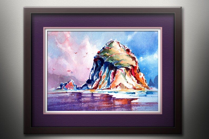 May include: Watercolor painting of a rocky island with a purple, blue, and pink sky. The island is surrounded by water and there are birds flying in the sky.