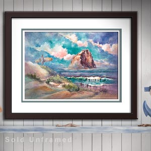 Pacific City Oregon Watercolor Print, Haystack Rock Coastal Art