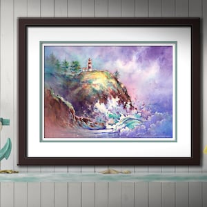 Cape Disappointment Lighthouse Watercolor PRINT. Pacific Northwest Lighthouse Wall Decor. Washington Coast Lighthouse Painting.