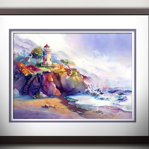 May include: A watercolor painting of a lighthouse on a cliff overlooking a crashing ocean. The sky is a soft purple and blue, with white clouds. The lighthouse is white with a red roof, and there are trees and rocks around it. The ocean is a deep blue, with white waves crashing against the shore.