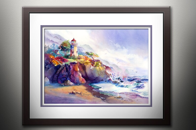 May include: A watercolor painting of a lighthouse on a cliff overlooking a crashing ocean. The sky is a soft purple and blue, with white clouds. The lighthouse is white with a red roof, and there are trees and rocks around it. The ocean is a deep blue, with white waves crashing against the shore.