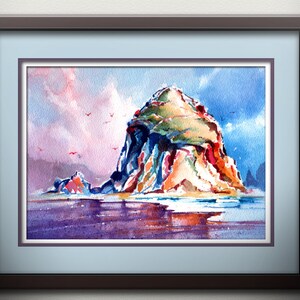 May include: Watercolor painting of a large rock formation with a green top, surrounded by water and a pink and blue sky.  There are birds flying in the sky.