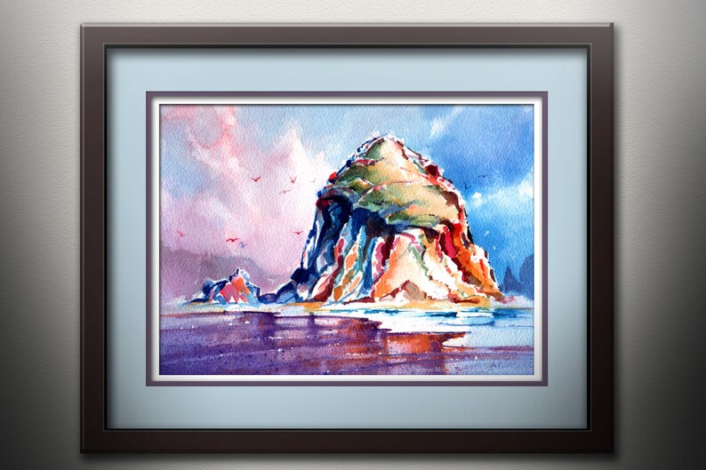 May include: Watercolor painting of a large rock formation with a green top, surrounded by water and a pink and blue sky.  There are birds flying in the sky.