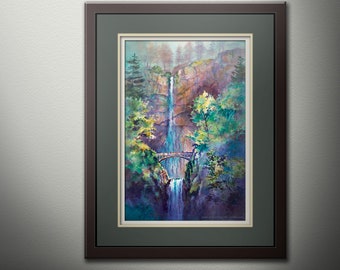 Multnomah Falls in the Spring- Columbia River Gorge PRINT, Oregon Watercolor Painting, PNW Wall Decor. Waterfall Painting. Pacific Northwest